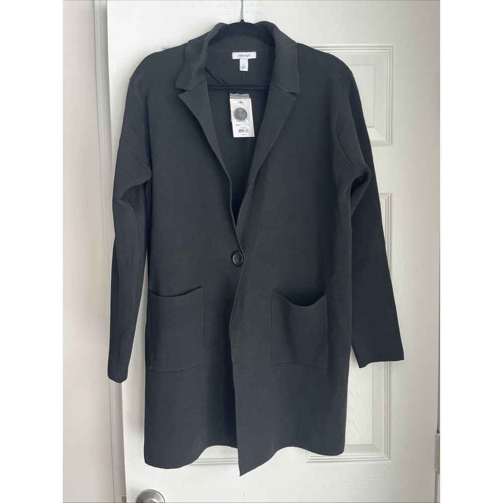 Nine West Cardigan Women L Large Black Open Front Long Sleeve Pockets Casual